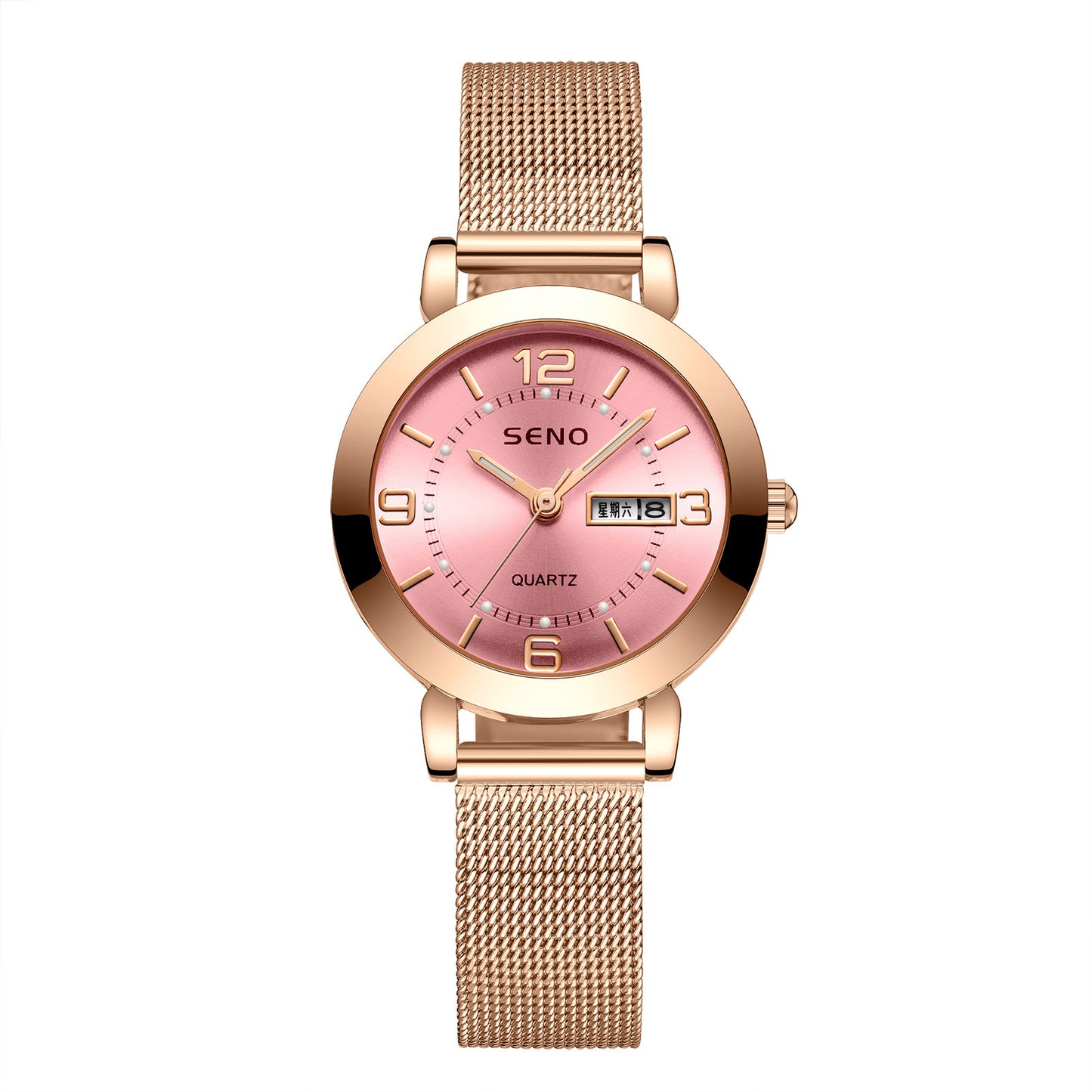 Montre femme en alliage à quartz avec double calendrier, étanche et lumière nocturne