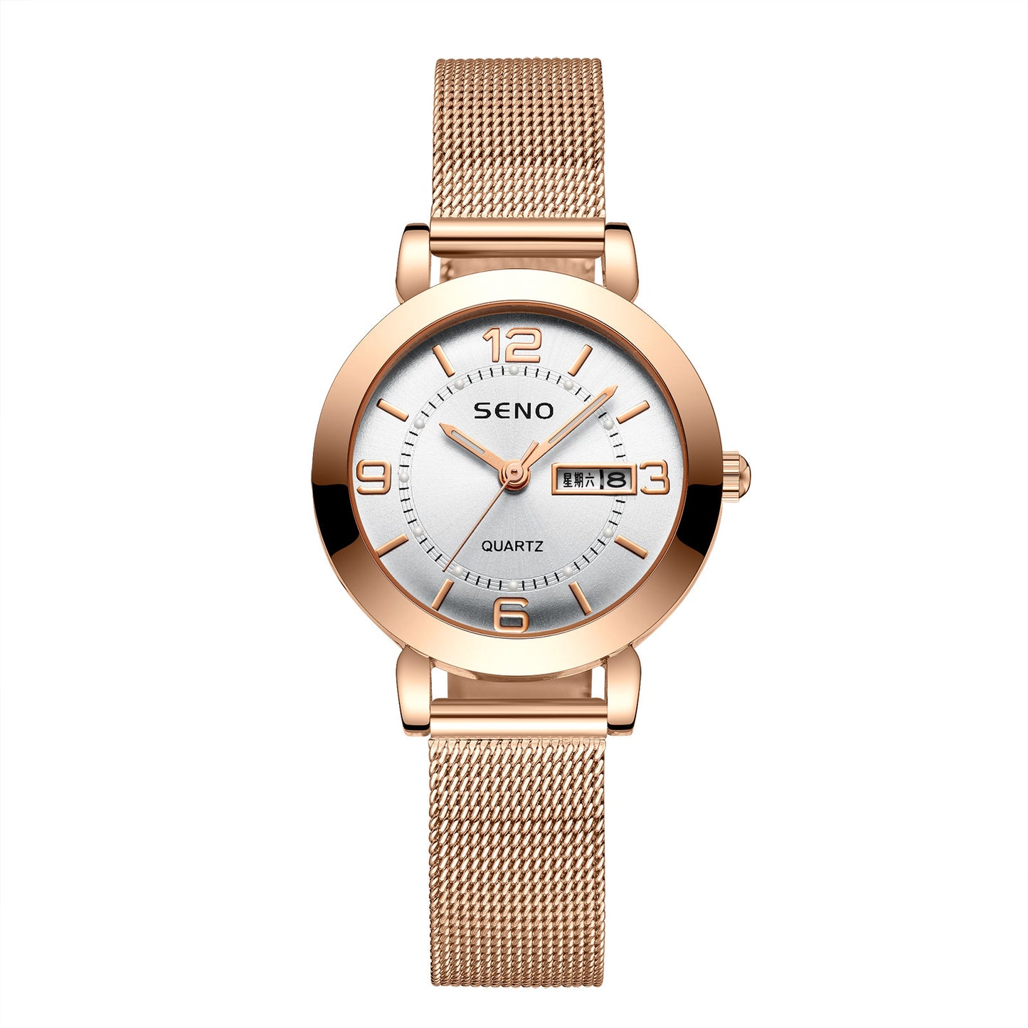Montre femme en alliage à quartz avec double calendrier, étanche et lumière nocturne
