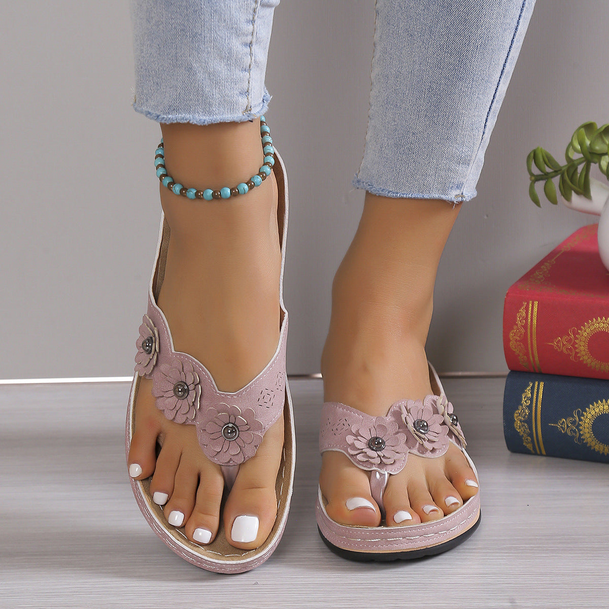 Tongs Sandales à Plateforme pour Femme avec Trois Fleurs
