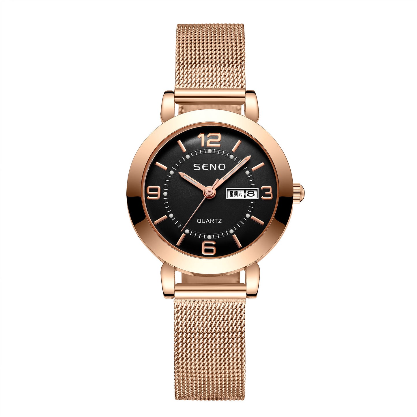 Montre femme en alliage à quartz avec double calendrier, étanche et lumière nocturne