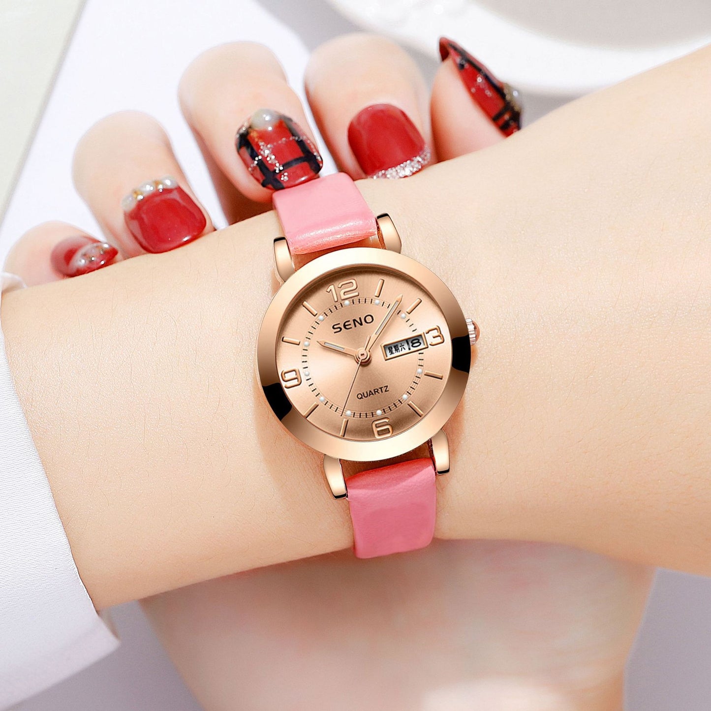Montre femme en alliage à quartz avec double calendrier, étanche et lumière nocturne