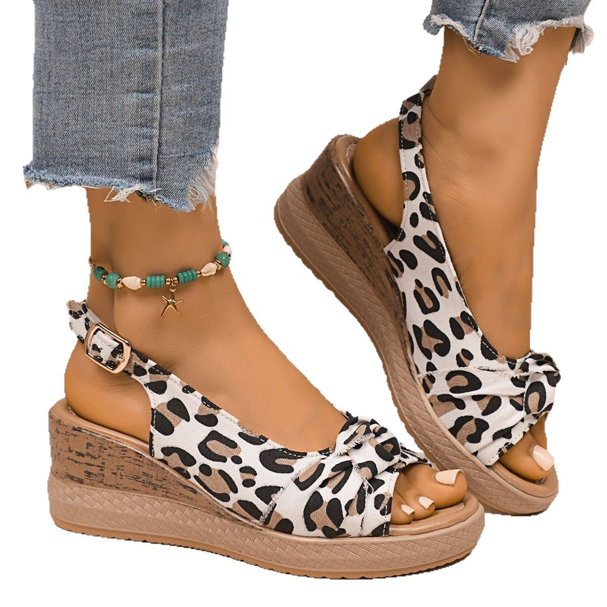 Sandales Compensées Casual Femme – Style Nœud et Effet Raphia