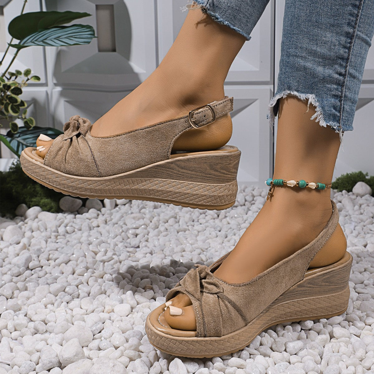 Sandales Compensées Casual Femme – Style Nœud et Effet Raphia