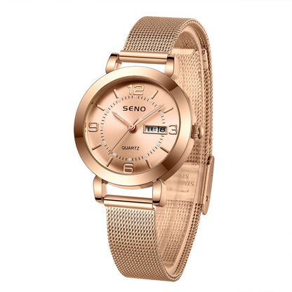 Montre femme en alliage à quartz avec double calendrier, étanche et lumière nocturne