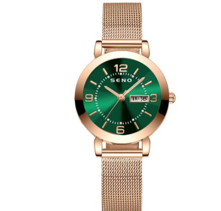 Montre femme en alliage à quartz avec double calendrier, étanche et lumière nocturne