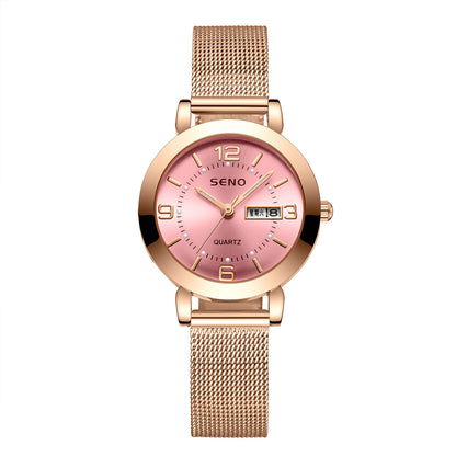 Montre femme en alliage à quartz avec double calendrier, étanche et lumière nocturne