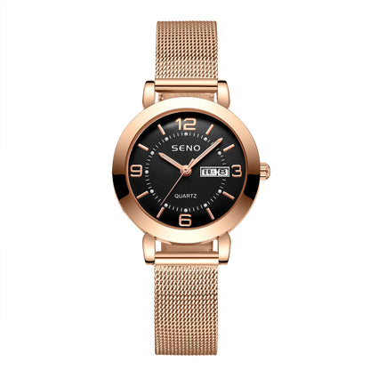 Montre femme en alliage à quartz avec double calendrier, étanche et lumière nocturne